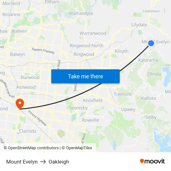 Mount Evelyn to Oakleigh map