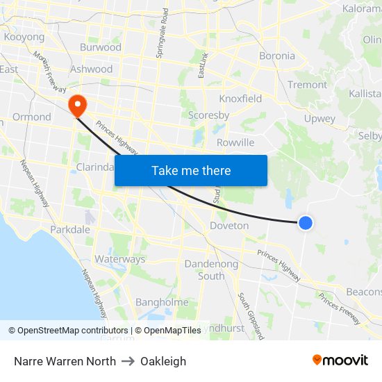 Narre Warren North to Oakleigh map