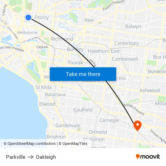 Parkville to Oakleigh map