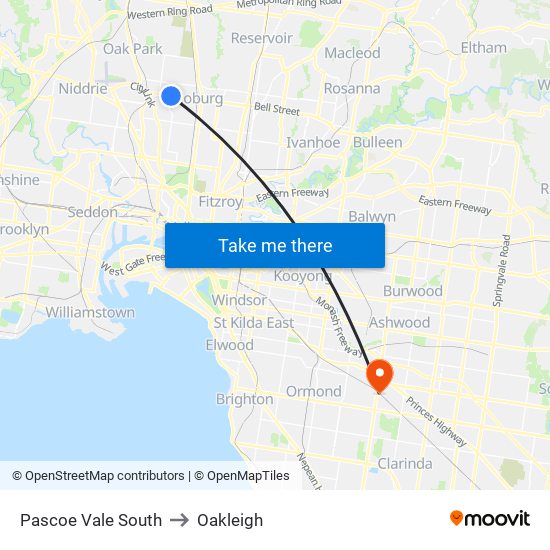 Pascoe Vale South to Oakleigh map