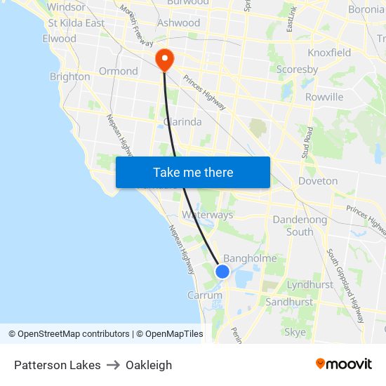 Patterson Lakes to Oakleigh map