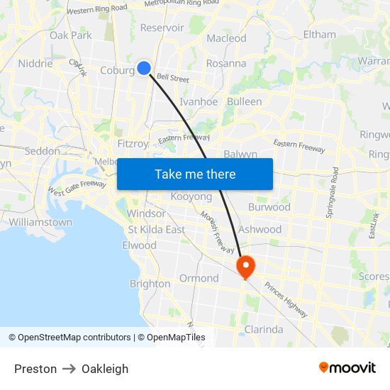 Preston to Oakleigh map