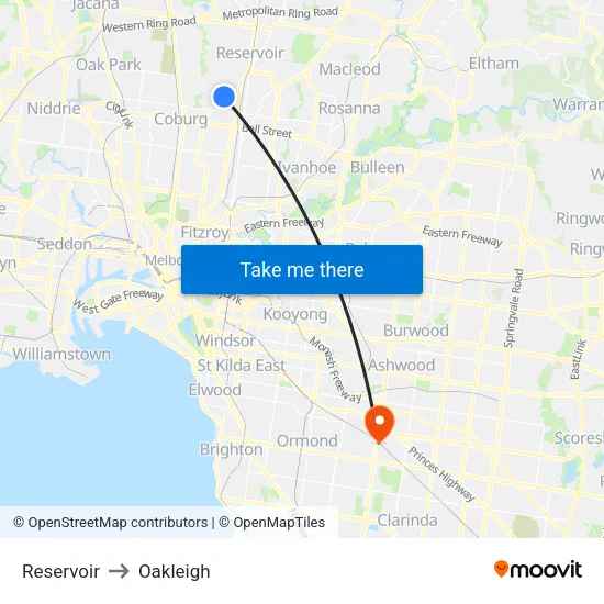 Reservoir to Oakleigh map