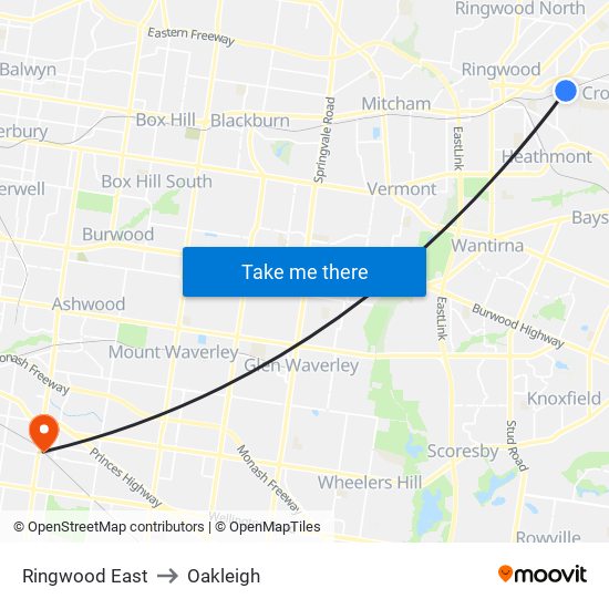 Ringwood East to Oakleigh map