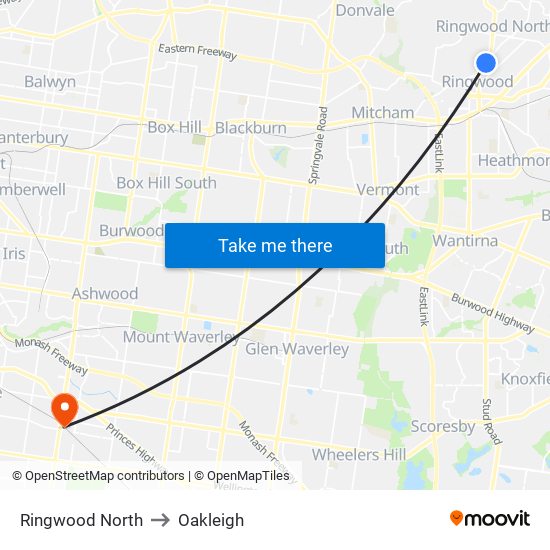 Ringwood North to Oakleigh map