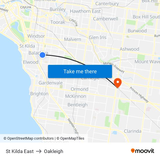 St Kilda East to Oakleigh map