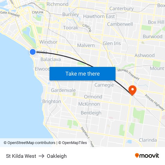 St Kilda West to Oakleigh map