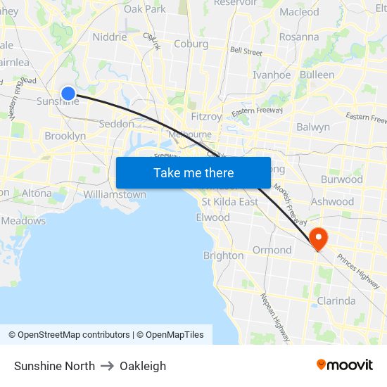 Sunshine North to Oakleigh map