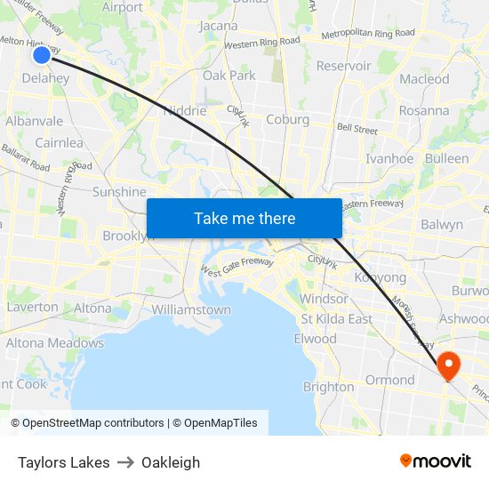 Taylors Lakes to Oakleigh map