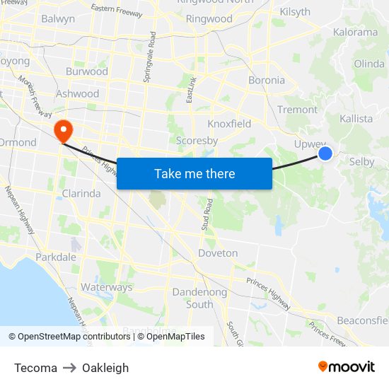 Tecoma to Oakleigh map