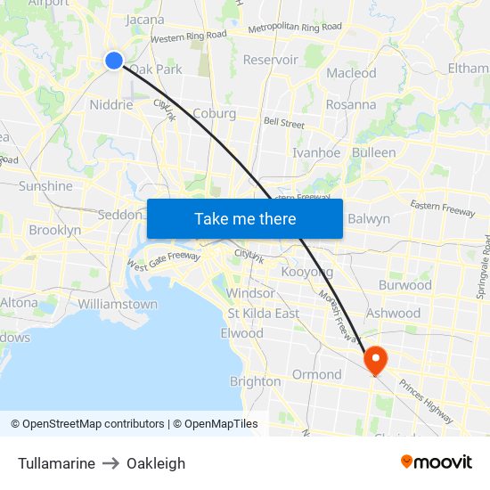 Tullamarine to Oakleigh map