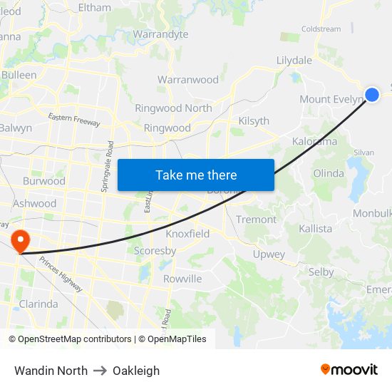 Wandin North to Oakleigh map