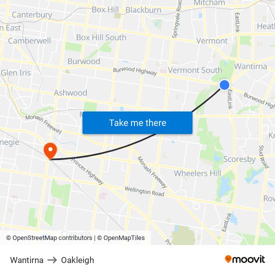 Wantirna to Oakleigh map