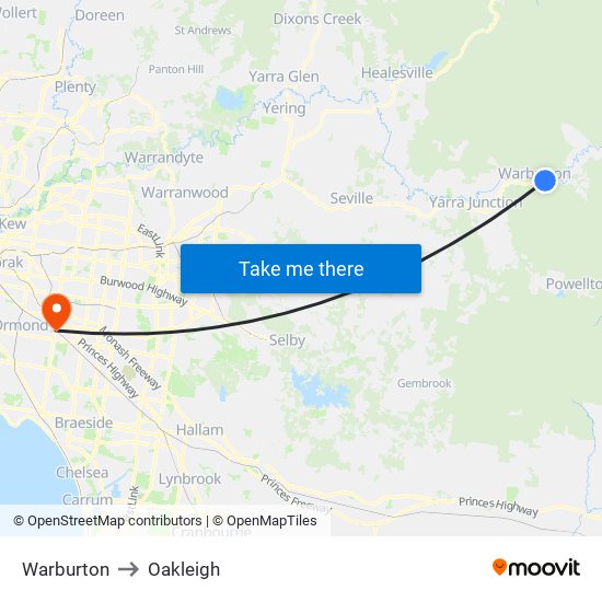 Warburton to Oakleigh map