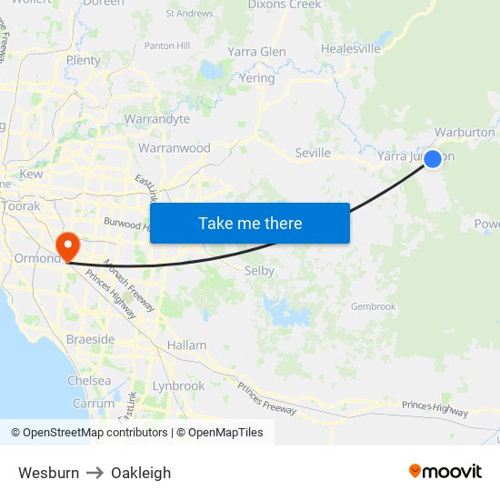 Wesburn to Oakleigh map