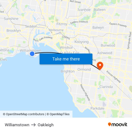 Williamstown to Oakleigh map