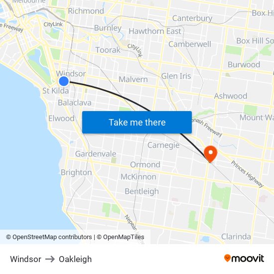 Windsor to Oakleigh map