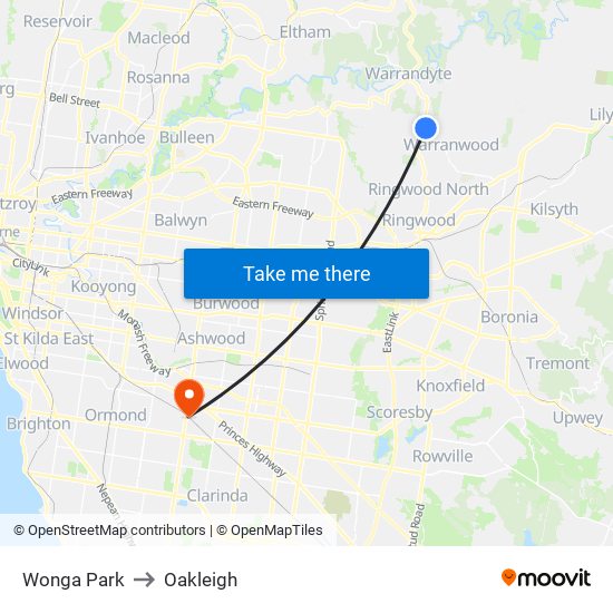 Wonga Park to Oakleigh map