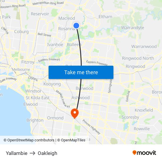 Yallambie to Oakleigh map