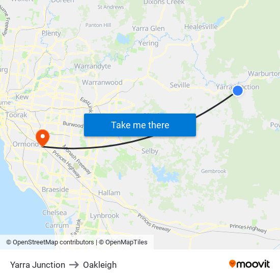 Yarra Junction to Oakleigh map