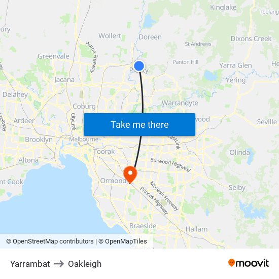 Yarrambat to Oakleigh map