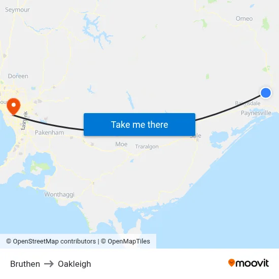 Bruthen to Oakleigh map