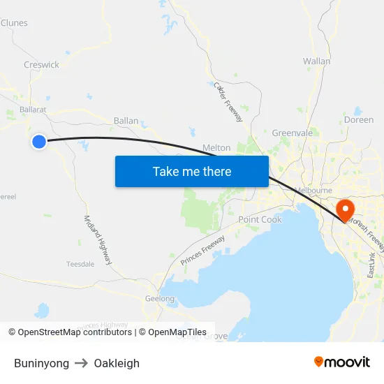 Buninyong to Oakleigh map