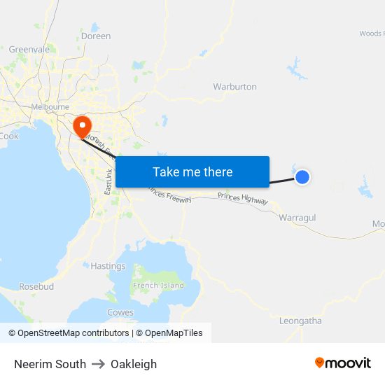 Neerim South to Oakleigh map