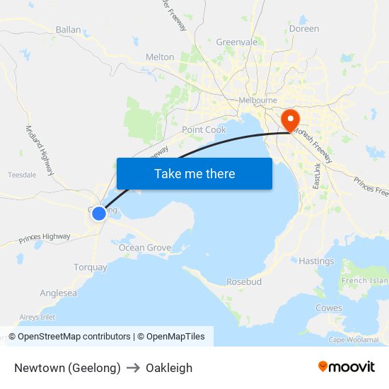 Newtown (Geelong) to Oakleigh map