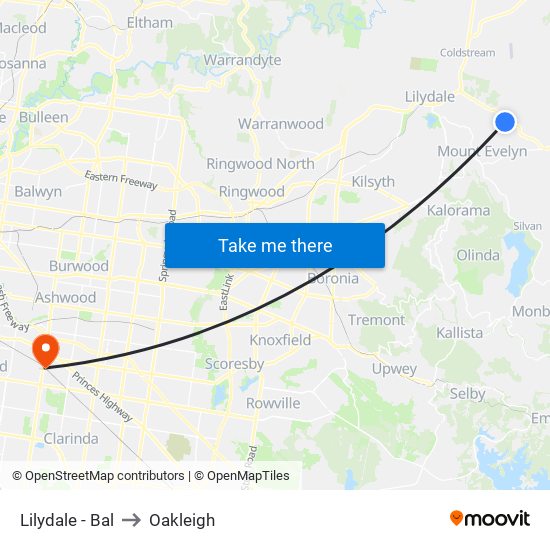 Lilydale - Bal to Oakleigh map