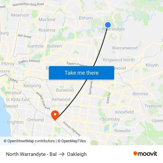 North Warrandyte - Bal to Oakleigh map