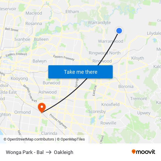 Wonga Park - Bal to Oakleigh map