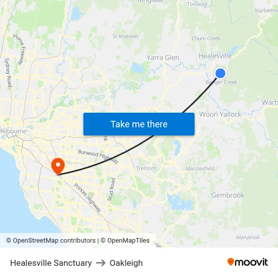 Healesville Sanctuary to Oakleigh map