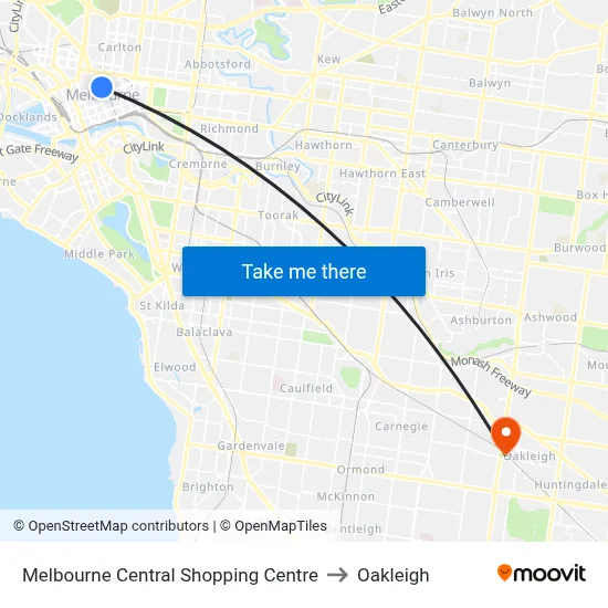 Melbourne Central Shopping Centre to Oakleigh map