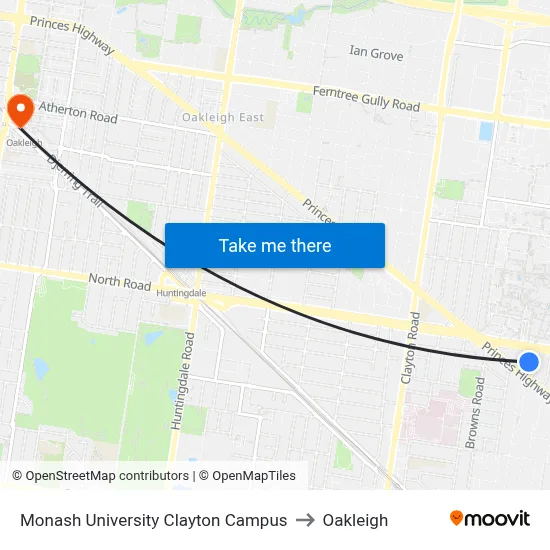 Monash University Clayton Campus to Oakleigh map