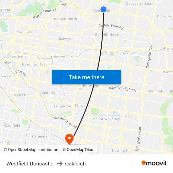 Westfield Doncaster to Oakleigh map