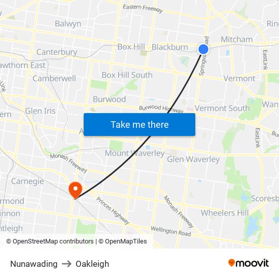 Nunawading to Oakleigh map