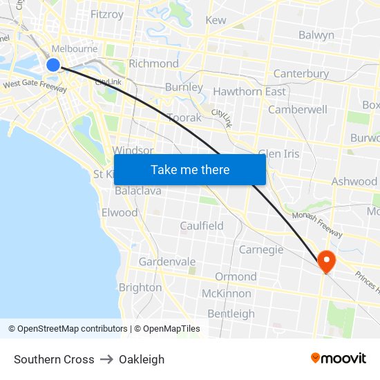 Southern Cross to Oakleigh map