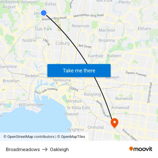 Broadmeadows to Oakleigh map