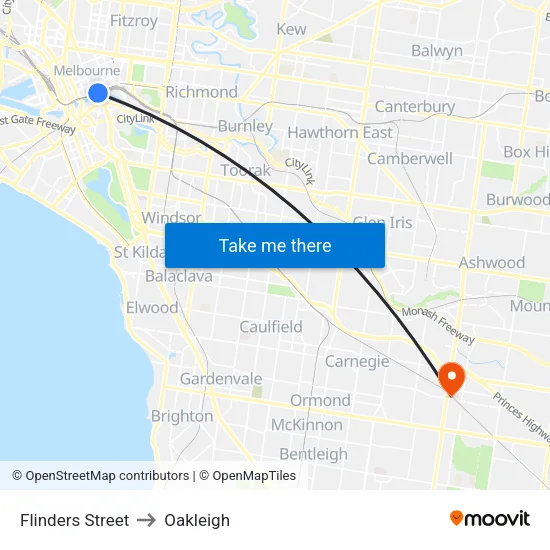 Flinders Street to Oakleigh map