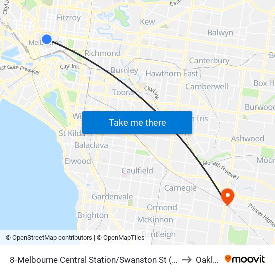 8-Melbourne Central Station/Swanston St (Melbourne City) to Oakleigh map