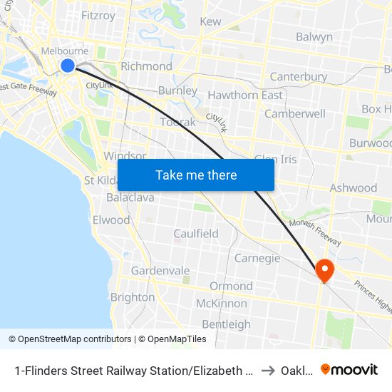 1-Flinders Street Railway Station/Elizabeth St (Melbourne City) to Oakleigh map