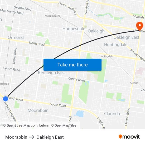 Moorabbin to Oakleigh East map