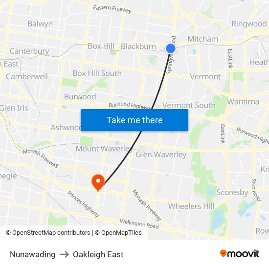 Nunawading to Oakleigh East map