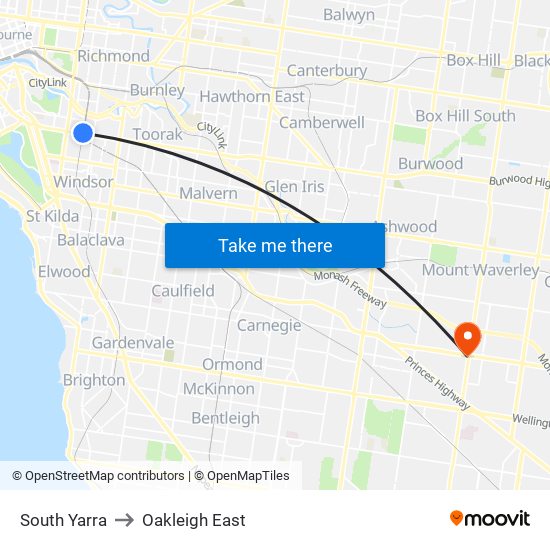 South Yarra to Oakleigh East map