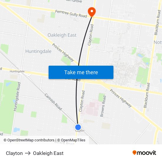 Clayton to Oakleigh East map