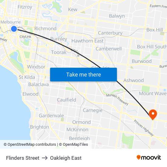 Flinders Street to Oakleigh East map