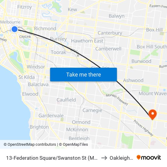 13-Federation Square/Swanston St (Melbourne City) to Oakleigh East map