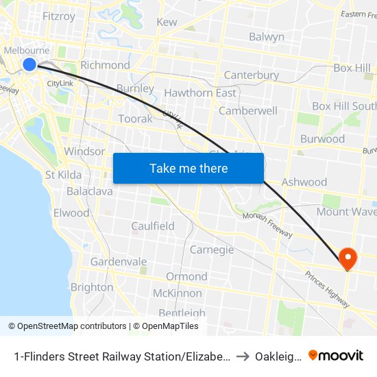 1-Flinders Street Railway Station/Elizabeth St (Melbourne City) to Oakleigh East map