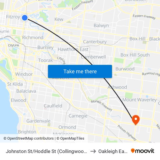 Johnston St/Hoddle St (Collingwood) to Oakleigh East map